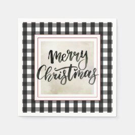 バッファロープレイドブラックアンドホワイトクリスマス紙 スタンダードカクテルナプキン