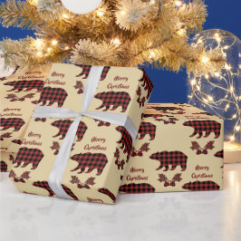 バッファロープレイドベアーパターンクリスマス ラッピングペーパー