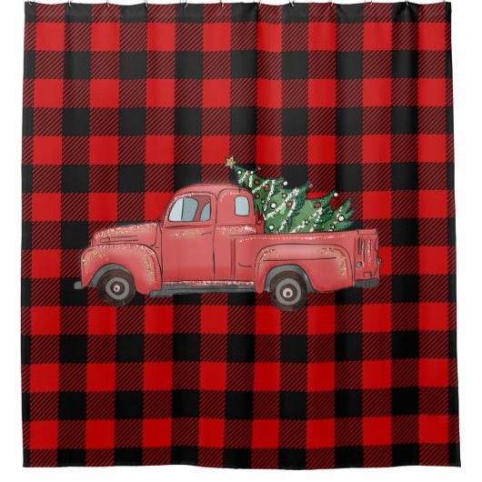 バッファロープレイドホリデークリスマストラック シャワーカーテン (正面)