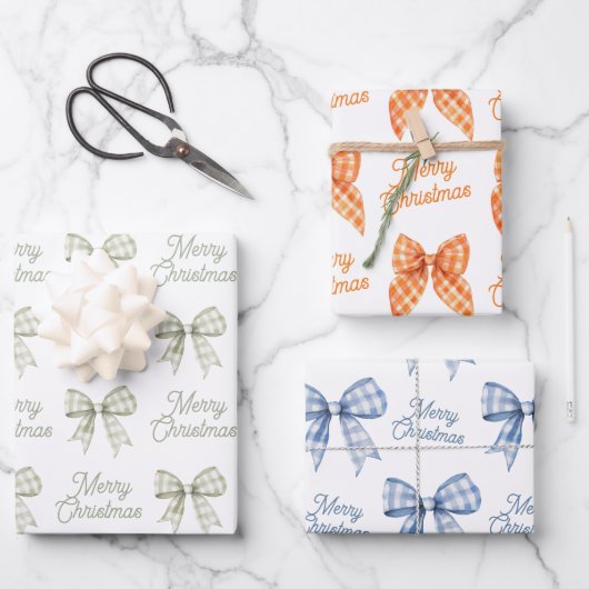 バッファロープレイドボーズセージ桃ブルーメリークリスマス ラッピングペーパーシート (正面)