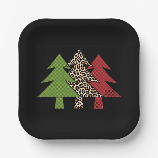 バッファロープレイドメリークリスマスツリー家族のマッチング ペーパープレート (正面)