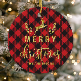 バッファロープレイドメリークリスマスモノグラム セラミックオーナメント
