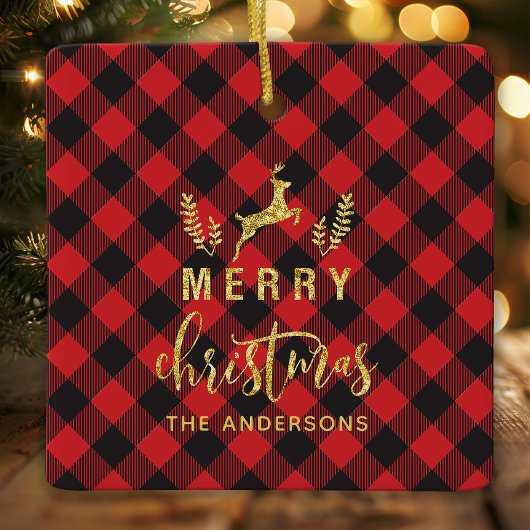 バッファロープレイドメリークリスマスモノグラム セラミックオーナメント