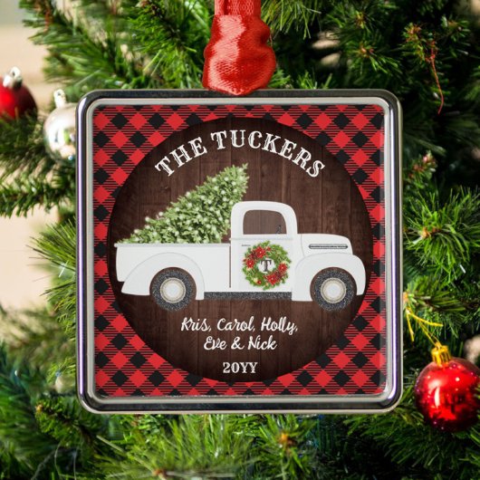 バッファロープレイドモノグラムホワイトクリスマストラック メタルオーナメント