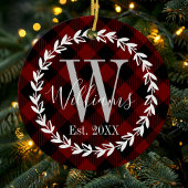 バッファロープレイドモノグラム名ファミリークリスマス セラミックオーナメント