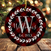 バッファロープレイドモノグラム名ファミリークリスマス セラミックオーナメント
