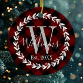 バッファロープレイドモノグラム名ファミリークリスマス セラミックオーナメント