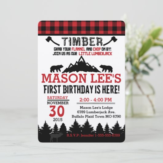 バッファロープレイドランバージャックファースト誕生日招待状 招待状 (スタンド正面)