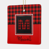 バッファロープレイドレッドとブラックモノグラムと名前 セラミックオーナメント (左)