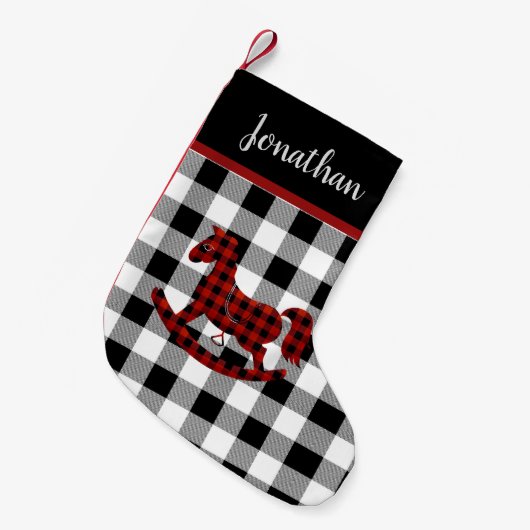 バッファロープレイドロッキングホースクリスマスストッキング スモールクリスマスストッキング (正面 (吊り時))