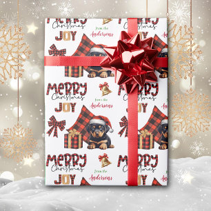 バッファロープレイドロットワイラー子犬クリスマス ラッピングペーパー