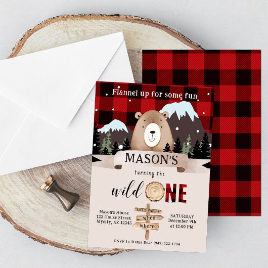 バッファロープレイドワイルドワンクマ1歳の誕生日 招待状