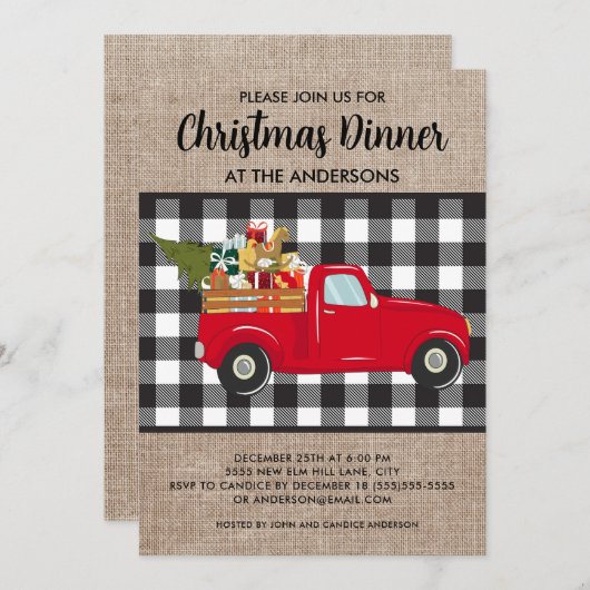 バッファロープレイドヴィンテージトラッククリスマスディナー 招待状 (正面/裏面)