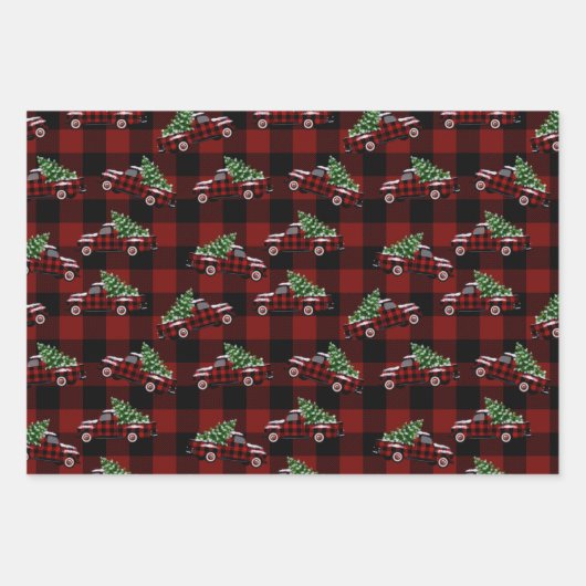 バッファロープレイドヴィンテージピックアップクリスマス ラッピングペーパーシート (正面)