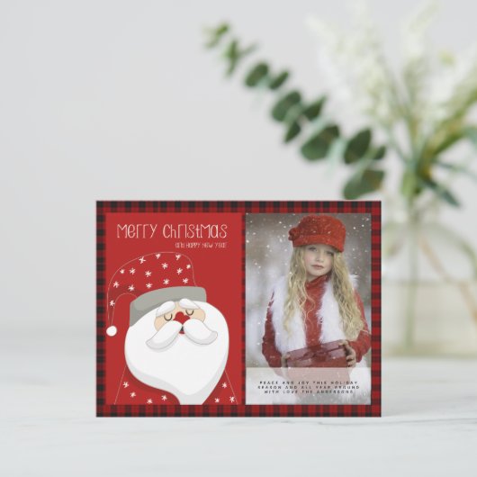 バッファロープレイド写真クリスマス新年フォークアートサンタ ポストカード (スタンド正面)