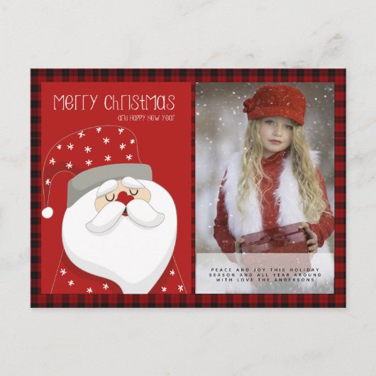 バッファロープレイド写真クリスマス新年フォークアートサンタ ポストカード (正面)