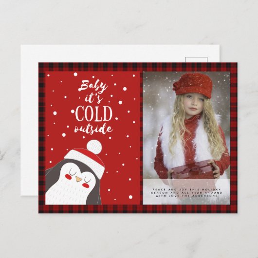 バッファロープレイド写真クリスマス新年フォークアートペンギン ポストカード (正面/裏面)
