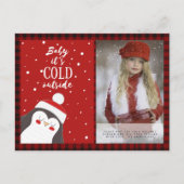 バッファロープレイド写真クリスマス新年フォークアートペンギン ポストカード (正面)