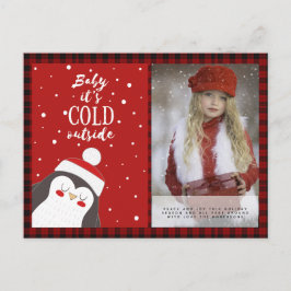 バッファロープレイド写真クリスマス新年フォークアートペンギン ポストカード