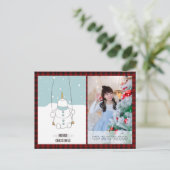 バッファロープレイド写真クリスマス新年フォークアート雪だるま ポストカード (スタンド正面)