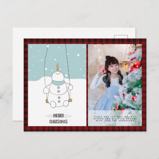 バッファロープレイド写真クリスマス新年フォークアート雪だるま ポストカード (正面/裏面)