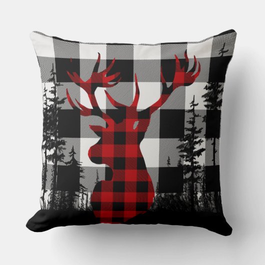 バッファロープレイド森林の松の森のスタグヘッド クッション (正面)