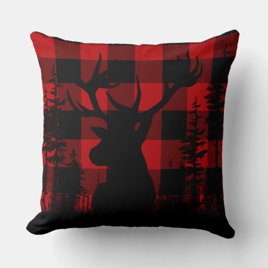 バッファロープレイド森林の松の森のスタグヘッド クッション (正面)