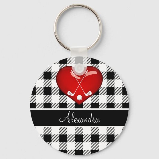 バッファロープレイド白黒ゴルフクラブ赤いハート キーホルダー (正面)