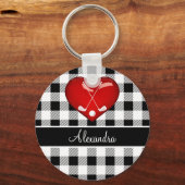 バッファロープレイド白黒ゴルフクラブ赤いハート キーホルダー (正面)