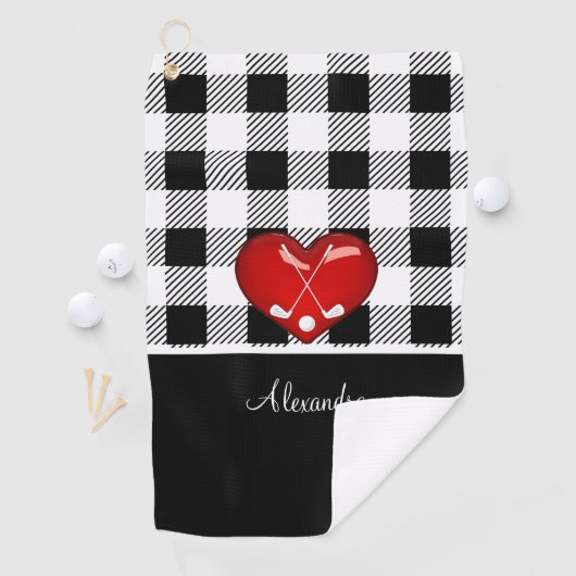 バッファロープレイド白黒ゴルフクラブ赤いハート ゴルフタオル (インサイチュ)