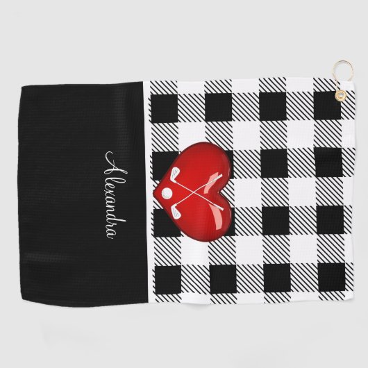 バッファロープレイド白黒ゴルフクラブ赤いハート ゴルフタオル (横)