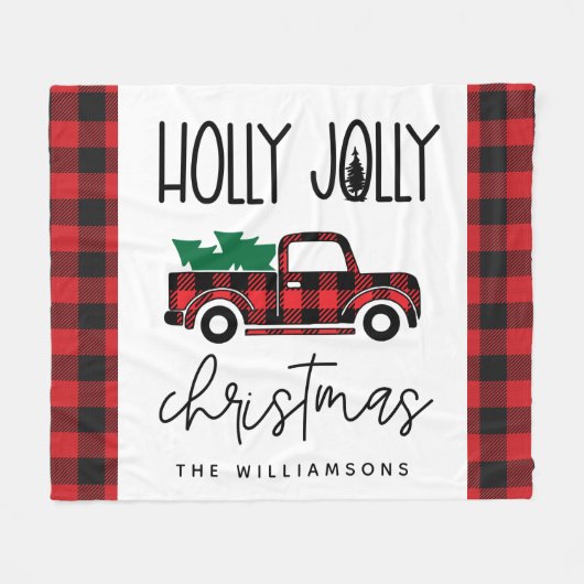 バッファロープレイド赤ヴィンテージトラッククリスマスネーム フリースブランケット (正面(横))
