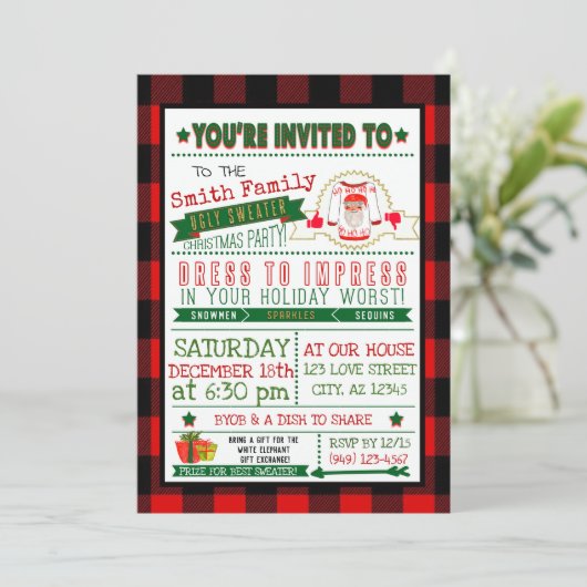 バッファロープレイド醜いセーターのクリスマスパーティー招待状 招待状 (スタンド正面)