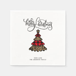 バッファロープレイド&ヒョウ柄クリスマスツリー スタンダードカクテルナプキン