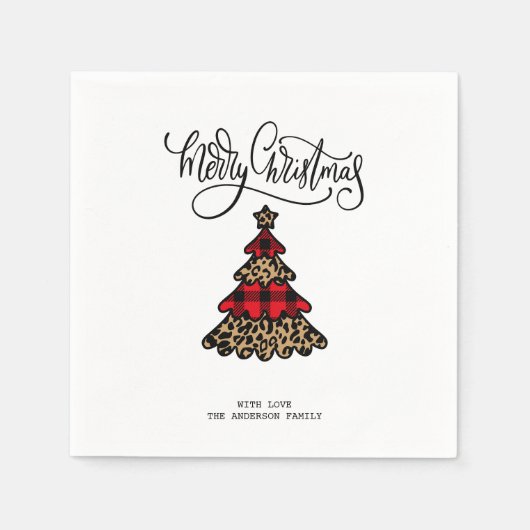 バッファロープレイド&ヒョウ柄クリスマスツリー スタンダードカクテルナプキン (正面)