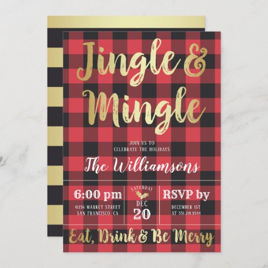 バッファロープレイド&金ゴールドジングル&ミングルホリデーパーティー 招待状 (正面/裏面)