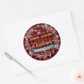 バッファロープレイド&金ゴールドスクリプトファミリークリスマスサイン ラウンドシール (封筒)