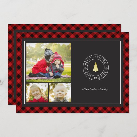 バッファロープレイド&金ゴールドツリークリスマス3フォト シーズンカード (正面/裏面)