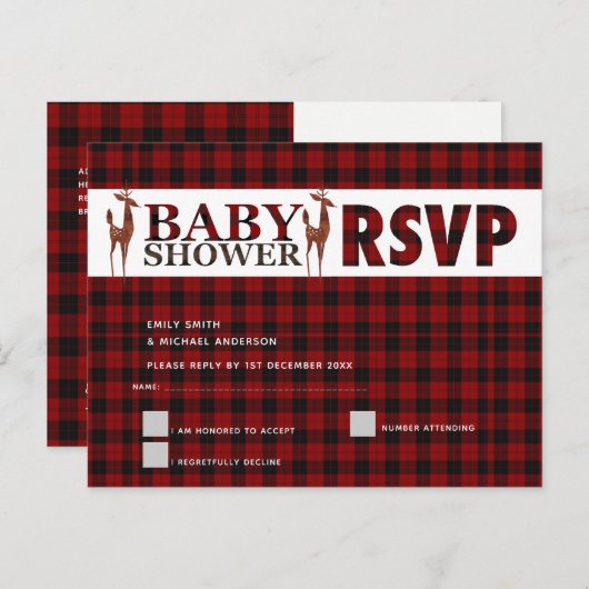 バッファロープレイドRSVPベビーシャワー インビテーションポストカード (正面/裏面)
