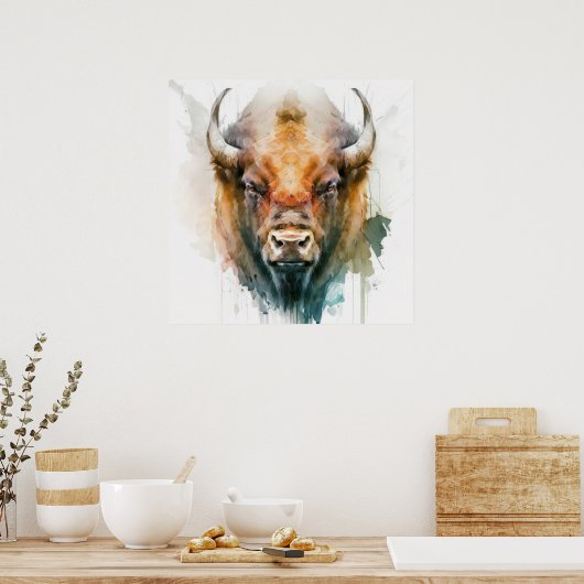 バッファローポートレート絵画動物の野生動物アウトドア ポスター (キッチン)