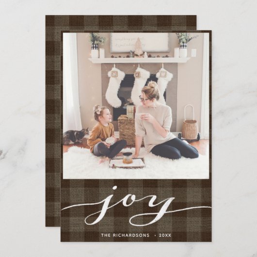 バッファローモダンプレイドエレガントスクリプトJOYシンプル シーズンカード (正面/裏面)