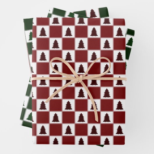 バッファローモダンプレイドクリスマスツリーパターン ラッピングペーパーシート (インサイチュ)