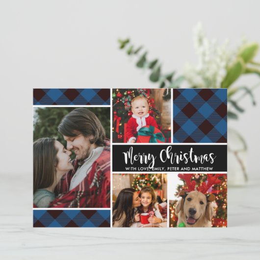 バッファローモダンプレイド写真コラージュのクリスマスカード (スタンド正面)