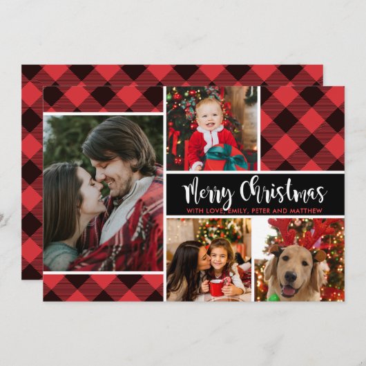 バッファローモダンプレイド写真コラージュのクリスマスカード (正面/裏面)