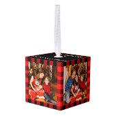 バッファローモダンプレイド4家族の写真クリスマス キューブオーナメント (裏面アングル)