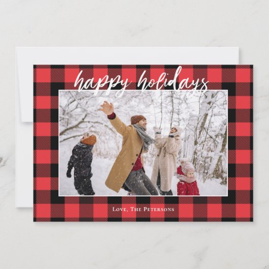 バッファロー市松模様にフランネルレッド黒写真幸せ シーズンカード (正面)