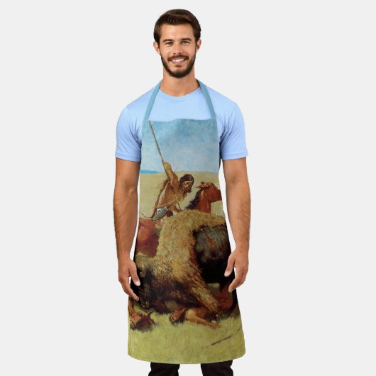 バッファロー狩りバイレミントン、ヴィンテージ先住民アメリカン エプロン (着用した状態)