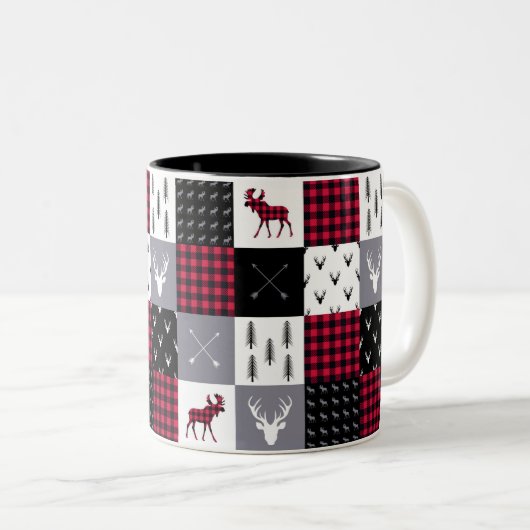 バッファロー素朴の格子模様パッチワーク赤い白のクリスマス ツートーンマグカップ (正面右)