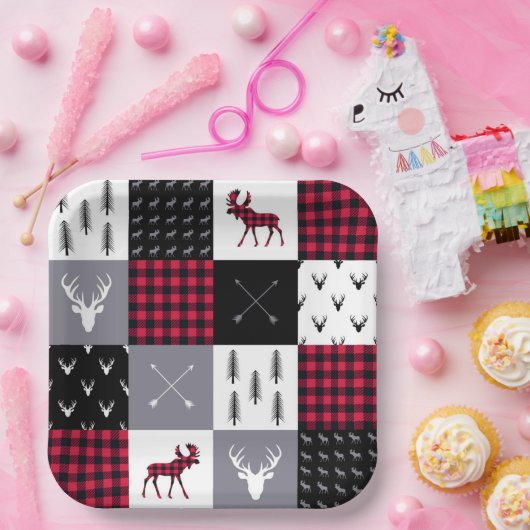 バッファロー素朴の格子模様パッチワーク赤い白のクリスマス ペーパープレート (パーティー)