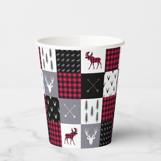 バッファロー素朴の格子模様パッチワーク赤い白のクリスマス 紙コップ (左)